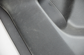 Door trim card rear right Nissan Rogue 14-16 black with black insert plastic, molding black gloss, armrest leather, scratches, tear
