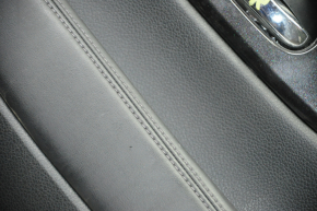 Door trim card rear right Nissan Rogue 14-16 black with black insert plastic, molding black gloss, armrest leather, scratches, tear