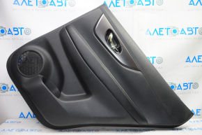 Door trim card rear right Nissan Rogue 14-16 black with black insert plastic, molding graphite gloss, armrest leather, scratches