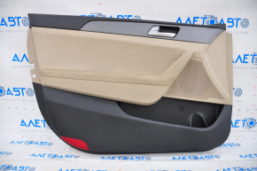 Door trim card front left Hyundai Sonata 15-19 beige with beige insert plastic, leather armrest, gray molding, for cleaning, scratch