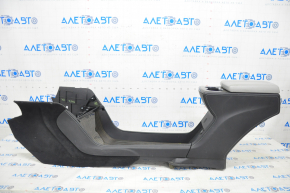 Central console armrest and cup holders Tesla Model S 12-15 pre-restoration, black leather, with wood inserts, gray armrest, chips on the insert