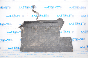 Rear underbody protection Tesla Model S 12-15 pre-restoration missing fragment, tears, dented fastening, rubbed