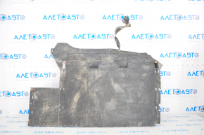 Rear underbody protection Tesla Model S 12-15 pre-restoration missing fragment, tears, dented fastening, rubbed