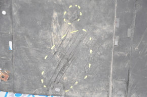 Rear underbody protection Tesla Model S 12-15 pre-restoration missing fragment, tears, dented fastening, rubbed