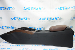 Central console armrest and cup holders Audi A4 B8 13-16 rest leather black with brown, wood insert brown structure, scratches
