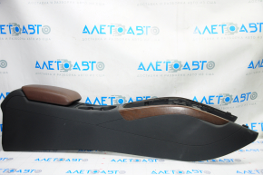 Central console armrest and cup holders Audi A4 B8 13-16 rest leather black with brown, wood insert brown structure, scratches