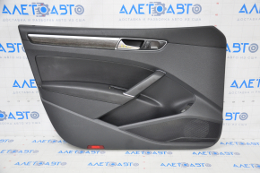 Door trim card front left VW Passat b8 16-19 USA black with dark gray wood trim fasteners breaks, leather tear, scratch on trim