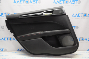 Door trim card rear left Ford Fusion mk5 17-19 black leather with black cloth insert, red stitching, leather armrest, molding gray structure with black gloss, dented, crack