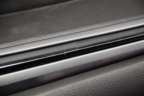Door trim card rear left Ford Fusion mk5 17-19 black leather with black cloth insert, red stitching, leather armrest, molding gray structure with black gloss, dented, crack