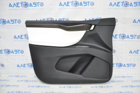 Door trim card front left Tesla Model X 16-21 black with white, molding wood, tear and pokes on leather, scratches and burrs on molding, broken fastener
