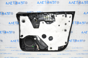 Door trim card front left Tesla Model X 16-21 black with white, molding wood, tear and pokes on leather, scratches and burrs on molding, broken fastener