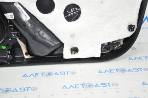 Door trim card front left Tesla Model X 16-21 black with white, molding wood, tear and pokes on leather, scratches and burrs on molding, broken fastener