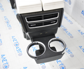 Central console armrest and cup holders Tesla Model X 16-21 leather black, white armrest, wood, chips on wood