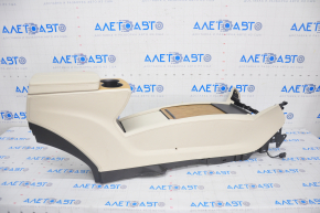 Central console armrest and cup holders Tesla Model S 16-20 rest, type 2, beige leather, light wood inserts, missing overlay, cracks in leather, non-factory hole