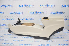 Central console armrest and cup holders Tesla Model S 16-20 rest, type 2, beige leather, light wood inserts, missing overlay, cracks in leather, non-factory hole