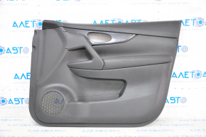 Door trim card front right Nissan Rogue 17-20 black with black insert plastic, molding black gloss, armrest leather, scratches