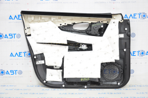 Door trim card front right Nissan Rogue 17-20 black with black insert plastic, molding black gloss, armrest leather, scratches