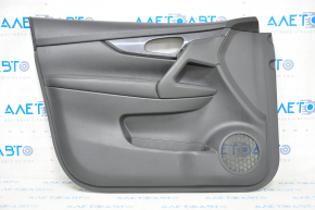 Door trim card front left Nissan Rogue 17-20 black with black insert plastic, armrest leather, molding black gloss