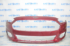 Front bumper bare Ford Fusion mk5 13-16 without parking sensors, red, broken fastener, soldered, broken honeycombs