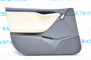 Door trim card front left Tesla Model S 12-15 pre-restyling, black leather, with beige insert, with backlight, swollen leather, bumps, scratches on chrome