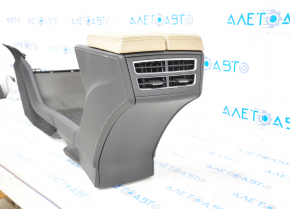 Central console armrest and cup holders Tesla Model S 12-15 pre-restored, black leather, with carbon inserts, beige armrest, non-factory holes, scratches on leather, broken guide