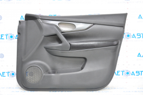 Door trim card front right Nissan Rogue 14-20 black with black insert plastic, molding under carbon gloss, armrest leather, scratches