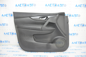 Door trim card front left Nissan Rogue 14-20 black, with black insert plastic, molding under carbon gloss, armrest leather, tear on armrest