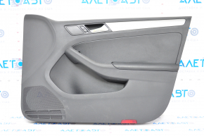Door trim card front right VW Jetta 11-18 USA black with black insert plastic, armrest leather, molding gray gloss type 1, traces of glue
