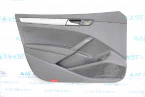 Door trim card front left VW Passat b7 12-15 USA black with black insert plastic, armrest leather, molding gray gloss, pressed, crack in the trim