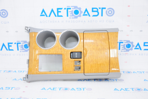 Center console trim with cup holder Toyota Highlander 08-10 gray, light wood, broken fasteners, scratches