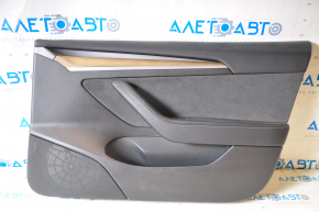 Door trim card front right Tesla Model 3 21 - black leather, wood, with window lift control and door opening button, wood swelled