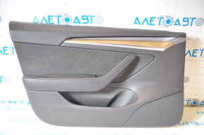 Door trim card front left Tesla Model 3 21 - black leather, wood, with window lift control and door opening button, wood swelled