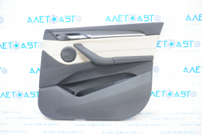 Door trim card front right BMW X1 F48 16-22 leather beige with dark gray oyster/gray, backlight, wood insert, leather armrest, scratches