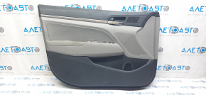Door trim card front left Hyundai Elantra AD 17-18 gray cloth with gray plastic insert, leather armrest, molding gray gloss, bump on leather, lining defect, for cleaning