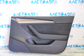Door trim card front right Tesla Model 3 21 - black leather, wood, with window lift control and door opening button, wood swelled, scratches