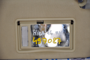 Right visor Toyota Highlander 14-19 beige, without hook, missing cover, broken fastener, needs cleaning