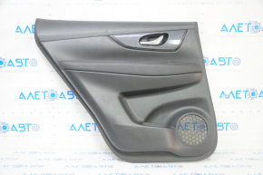 Door trim card rear left Nissan Rogue 17-20 black with black insert plastic, molding black gloss, armrest leather, scratches