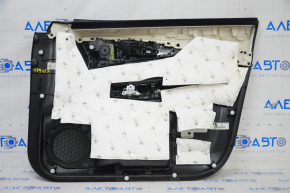 Door trim card front left Nissan Rogue 17-20 black with black insert plastic, armrest leather, molding black gloss, scratches