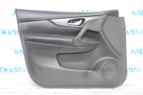Door trim card front left Nissan Rogue 17-20 black with black insert plastic, armrest leather, molding black gloss, scratches