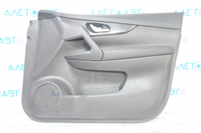Door trim card front right Nissan Rogue 17-20 black with black insert plastic, molding black gloss, armrest leather, scratches