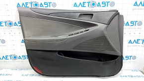 Door trim card front left Hyundai Sonata 11-14 dark gray leather, armrest gray leather, dented,