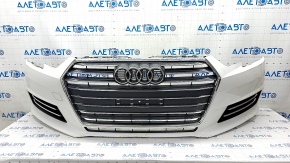 Front bumper assembly Audi A4 B9 17-19 without washers, for 4 parking sensors, white, pressed, broken fastenings