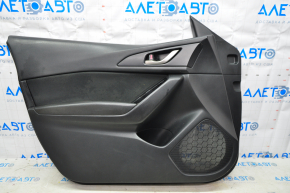 Door trim card front left Mazda 3 14-18 BM black with black insert cloth, armrest leather, overlay leather scratch, broken guide