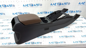 Central console armrest and cup holders Audi Q5 8R 09-17 black, armrest brown leather, under cup holder with heating and cooling, scratches
