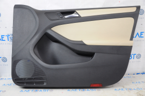 Door trim card front right VW Jetta 11-18 USA black with beige insert leather, armrest leather, molding beige, scratches