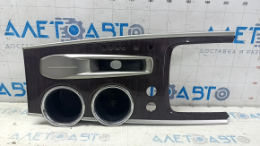 Center console trim with cup holders Nissan Pathfinder 13-20 fwd, wood grain, minor scratches