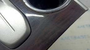 Center console trim with cup holders Nissan Pathfinder 13-20 fwd, wood grain, minor scratches