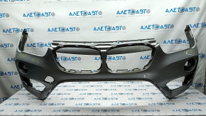 Bare front bumper BMW X1 F48 16-19 without parking sensors, silver, scratches, broken mount