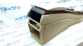 Central console armrest and cup holders BMW X5 E70 07-13 beige leather, light wood inserts, cup holder curtain defect, cracks