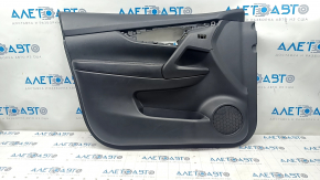 Door trim card front left Nissan Rogue 17-20 black with black insert plastic, armrest leather, under memory, scratches, tears